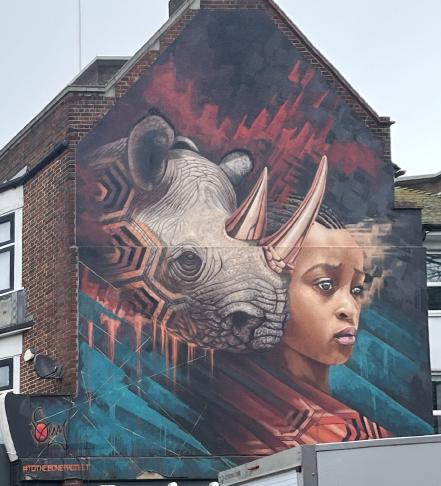 A painting on a wooden fascia fastened to the side of a brick building. The painting is of a rhino looking to the right whose skin changes from grey to multi coloured hexagons as it fades away behind the head. Next to the rhino is a a woman of african heritage with her hair in braids looking in the same direction as the rhino. Behind the characters the background is an artistic mix of black, red and blue bars and lines and what appears to be an african wrap that the woman is wearing, printed with the same coloured hexagons as seen on the rhino.