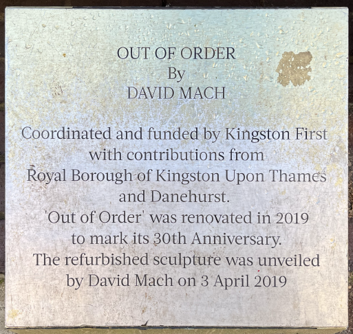 Out of Order by David Mach. Coordinated and funded by Kingston First with contributions from Royal Borough of Kingston upon Thames and Danehurst. &lsquo;Out of Order&rsquo; was renovated in 2019 to mark its 30th Anniversary. The refurbished sculpture was unveiled by David Mach on 3 April 2019.